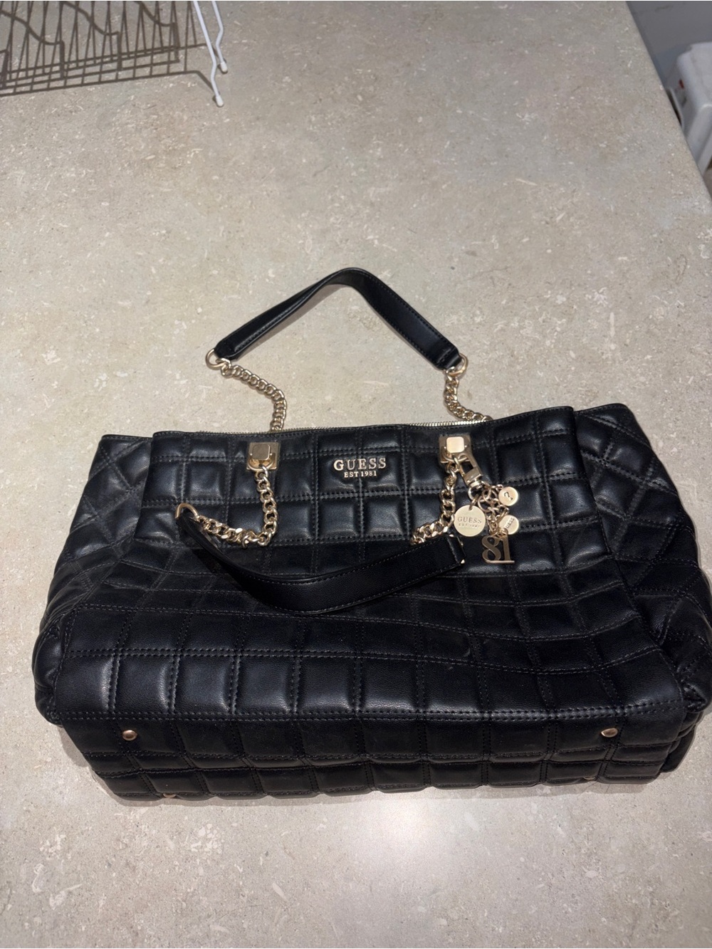 Guess Black Quilted Tote with Gold Chain Handles